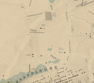 S.G. Elliott map of the Antietam Battlefield marking the graves on the Reel farms, 1864